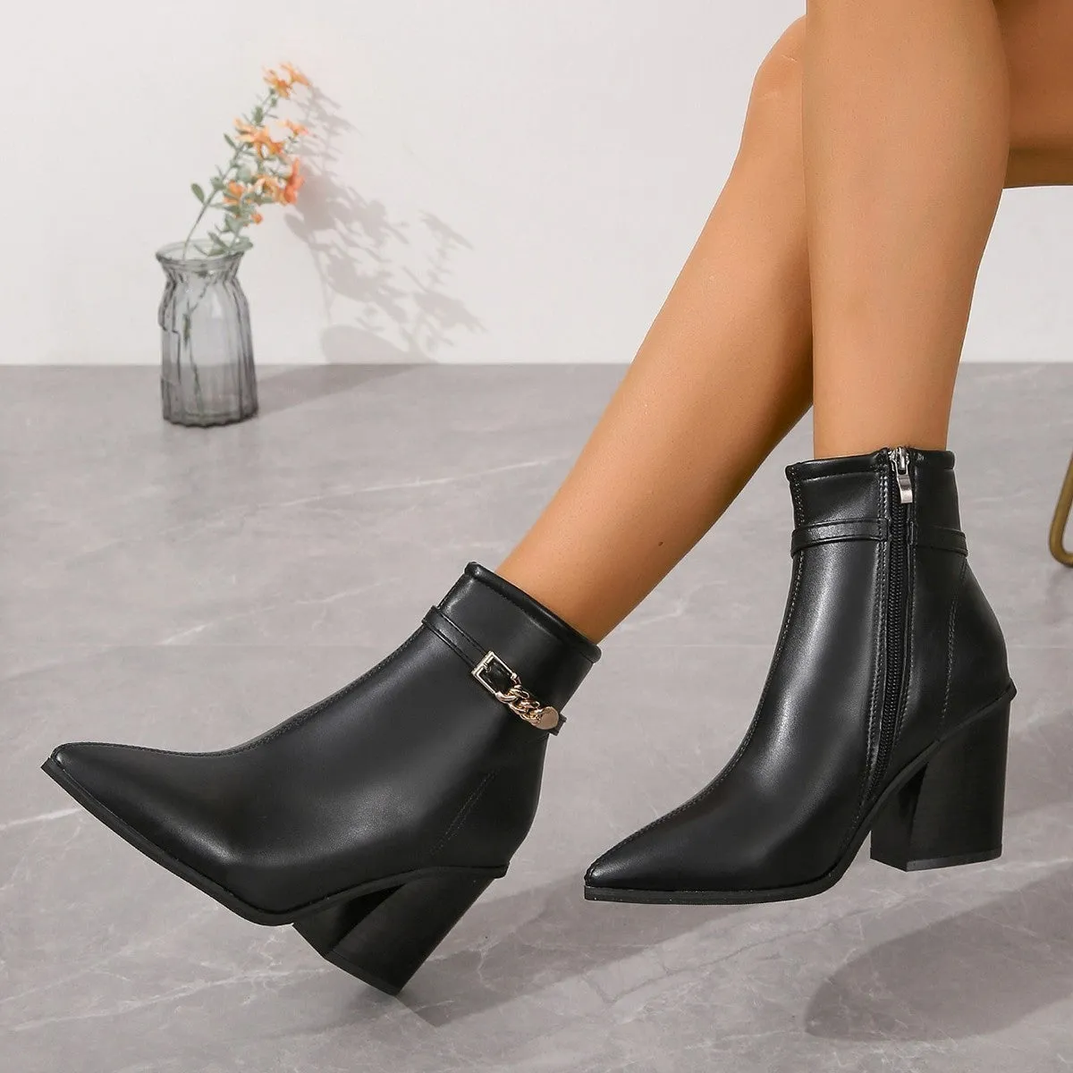 Women's Pointed Toe Chunky Heel Ankle Boots