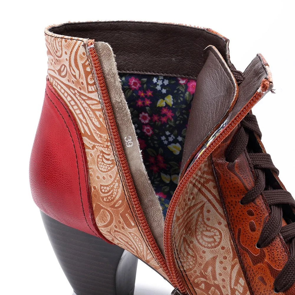Zalor Bohemian Splicing Flower Pattern Lace Up Zipper Ankle Leather Boots