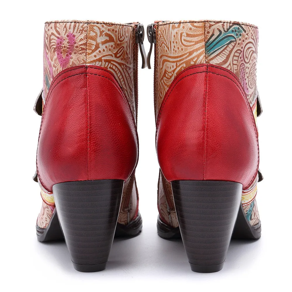 Zalor Bohemian Splicing Flower Pattern Lace Up Zipper Ankle Leather Boots