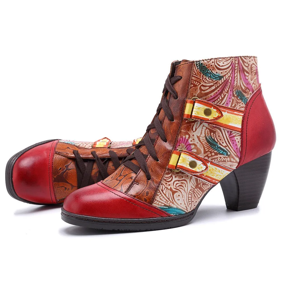 Zalor Bohemian Splicing Flower Pattern Lace Up Zipper Ankle Leather Boots