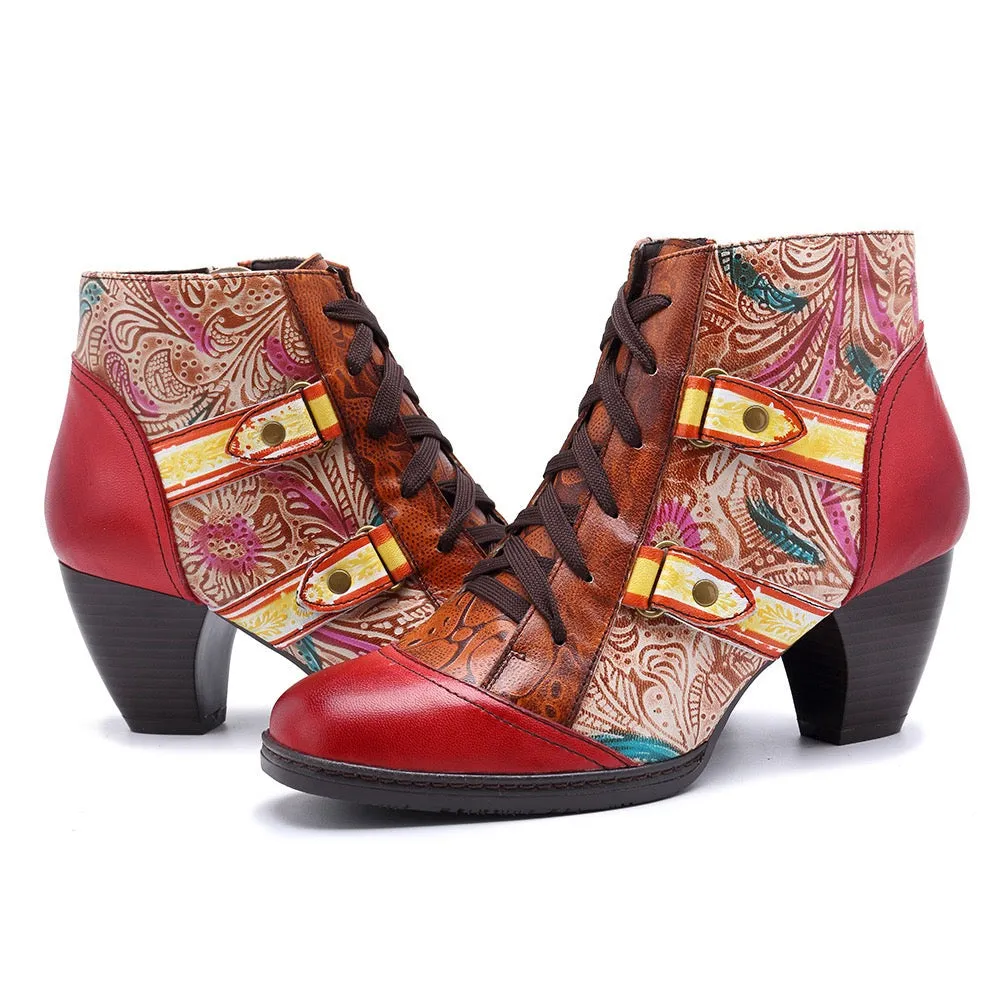 Zalor Bohemian Splicing Flower Pattern Lace Up Zipper Ankle Leather Boots