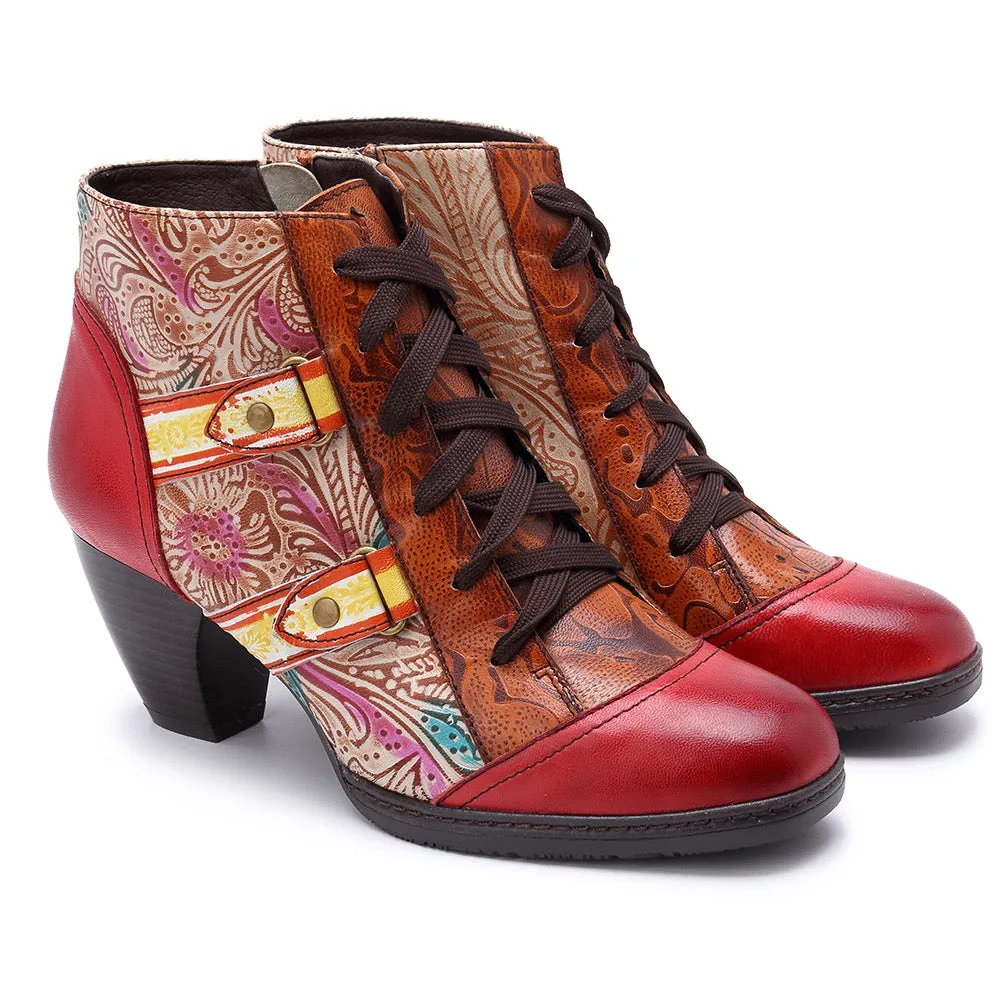 Zalor Bohemian Splicing Flower Pattern Lace Up Zipper Ankle Leather Boots