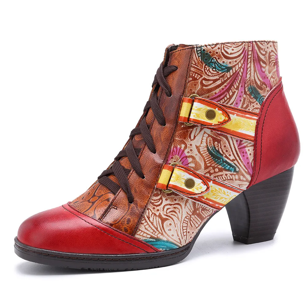 Zalor Bohemian Splicing Flower Pattern Lace Up Zipper Ankle Leather Boots