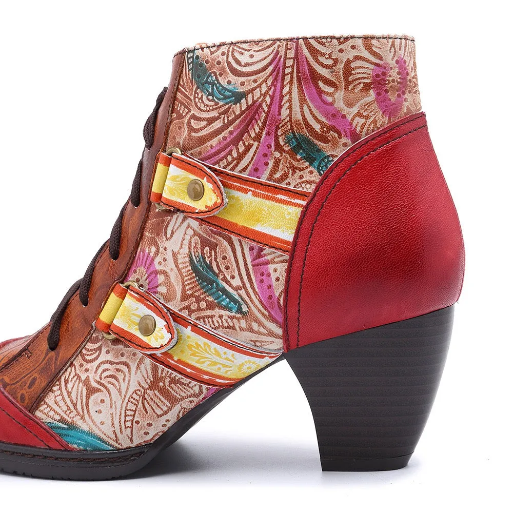 Zalor Bohemian Splicing Flower Pattern Lace Up Zipper Ankle Leather Boots