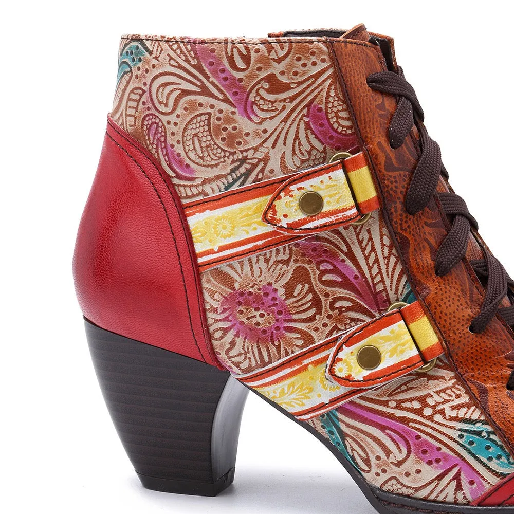 Zalor Bohemian Splicing Flower Pattern Lace Up Zipper Ankle Leather Boots