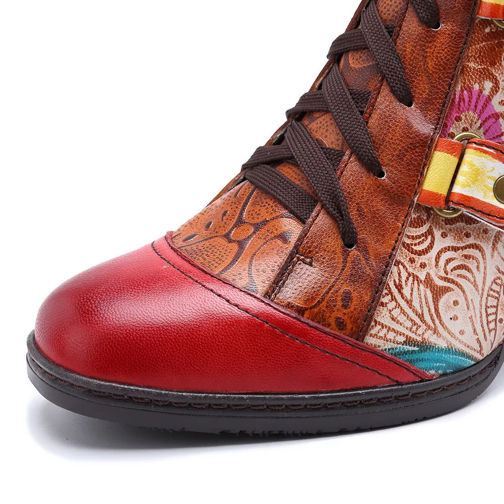 Zalor Bohemian Splicing Flower Pattern Lace Up Zipper Ankle Leather Boots