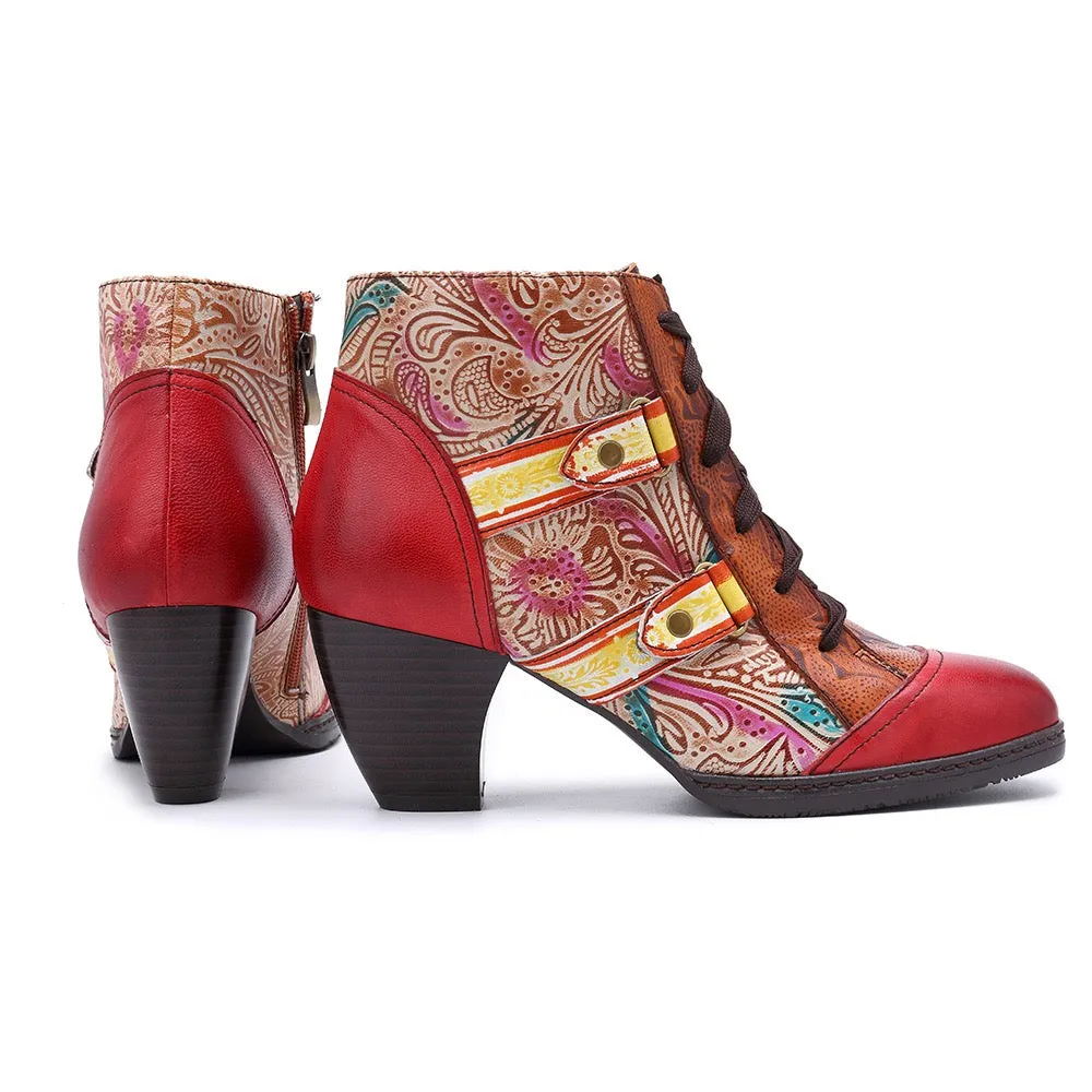 Zalor Bohemian Splicing Flower Pattern Lace Up Zipper Ankle Leather Boots