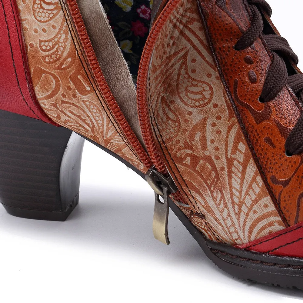 Zalor Bohemian Splicing Flower Pattern Lace Up Zipper Ankle Leather Boots