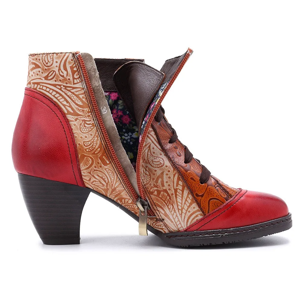 Zalor Bohemian Splicing Flower Pattern Lace Up Zipper Ankle Leather Boots
