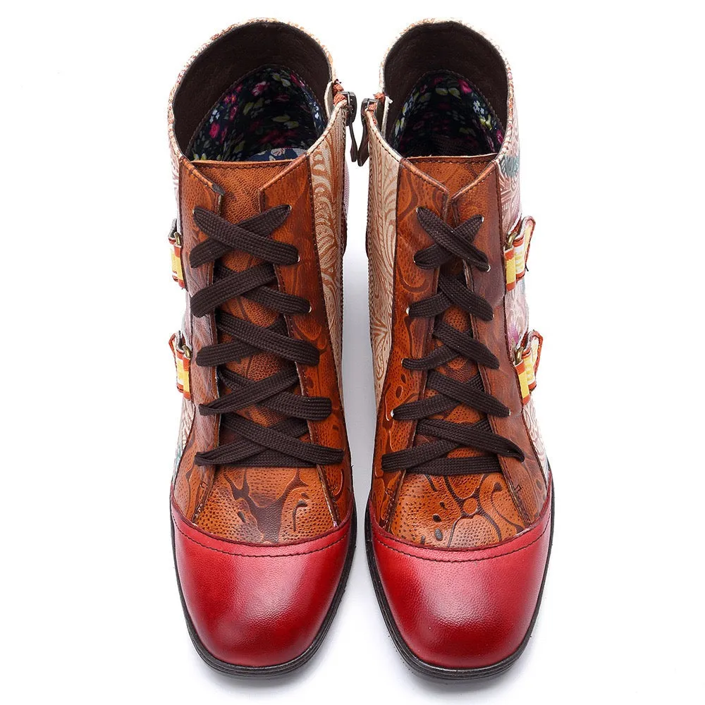 Zalor Bohemian Splicing Flower Pattern Lace Up Zipper Ankle Leather Boots